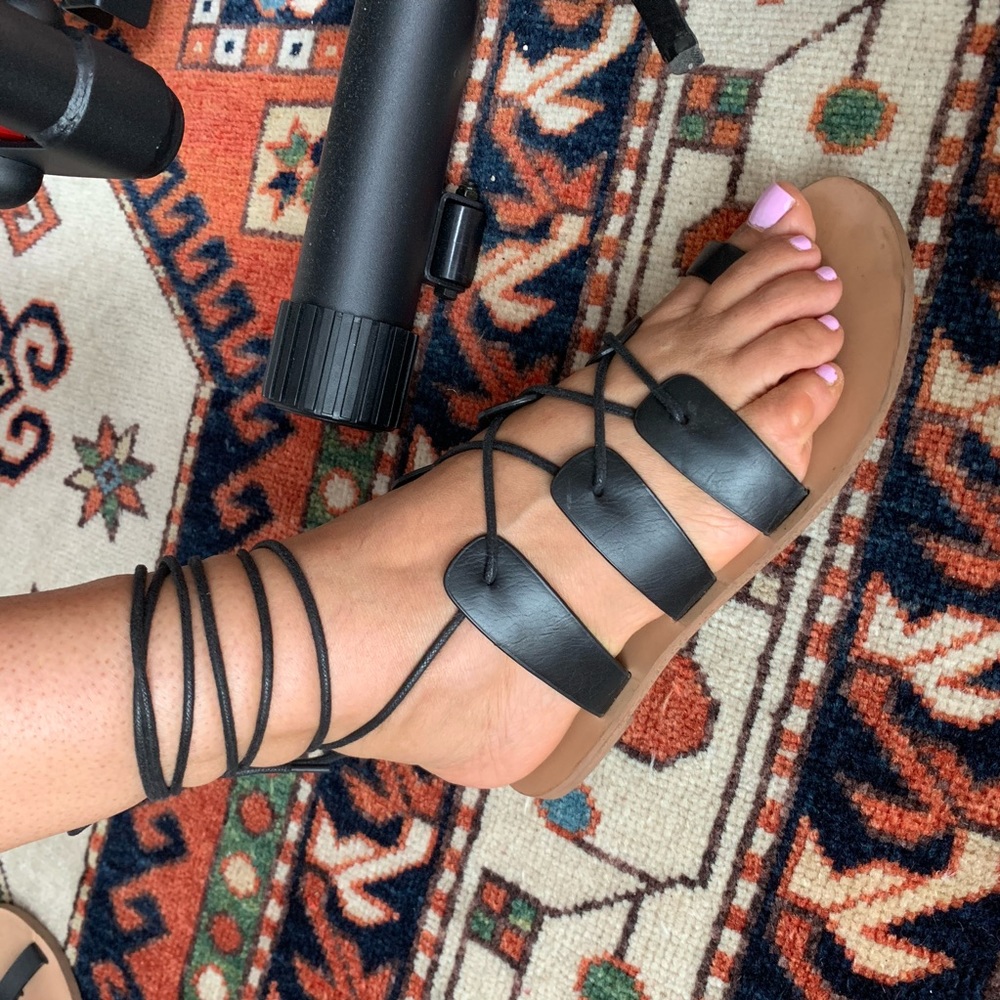 Lace up gladiator black leather sandals